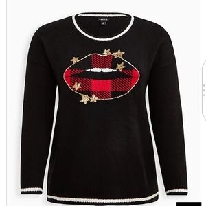 🆕💋 3X BLACK CREW SWEATER WITH SEQUIN STARS + PLAID LIPS💋